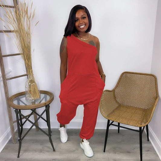 Women's Loose Street Sloping-shoulder Off The-shoulder Pocket Long Sports Jumpsuit