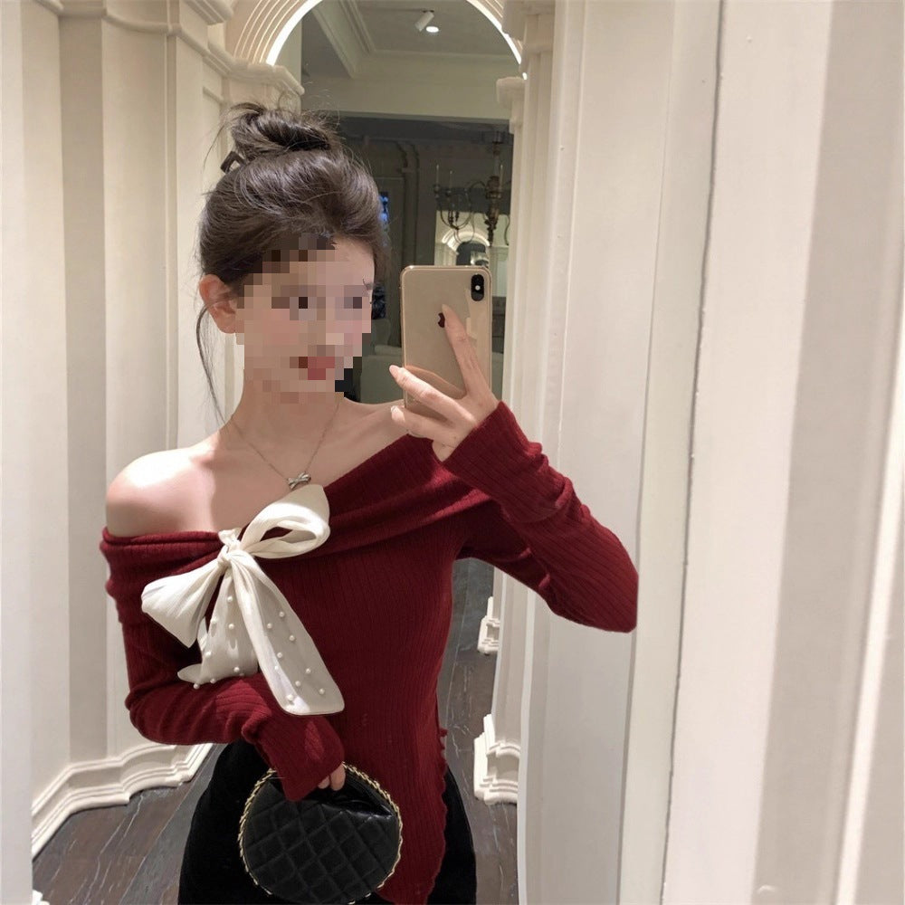 Bow Knitted Christmas Long Sleeve Red Sweater