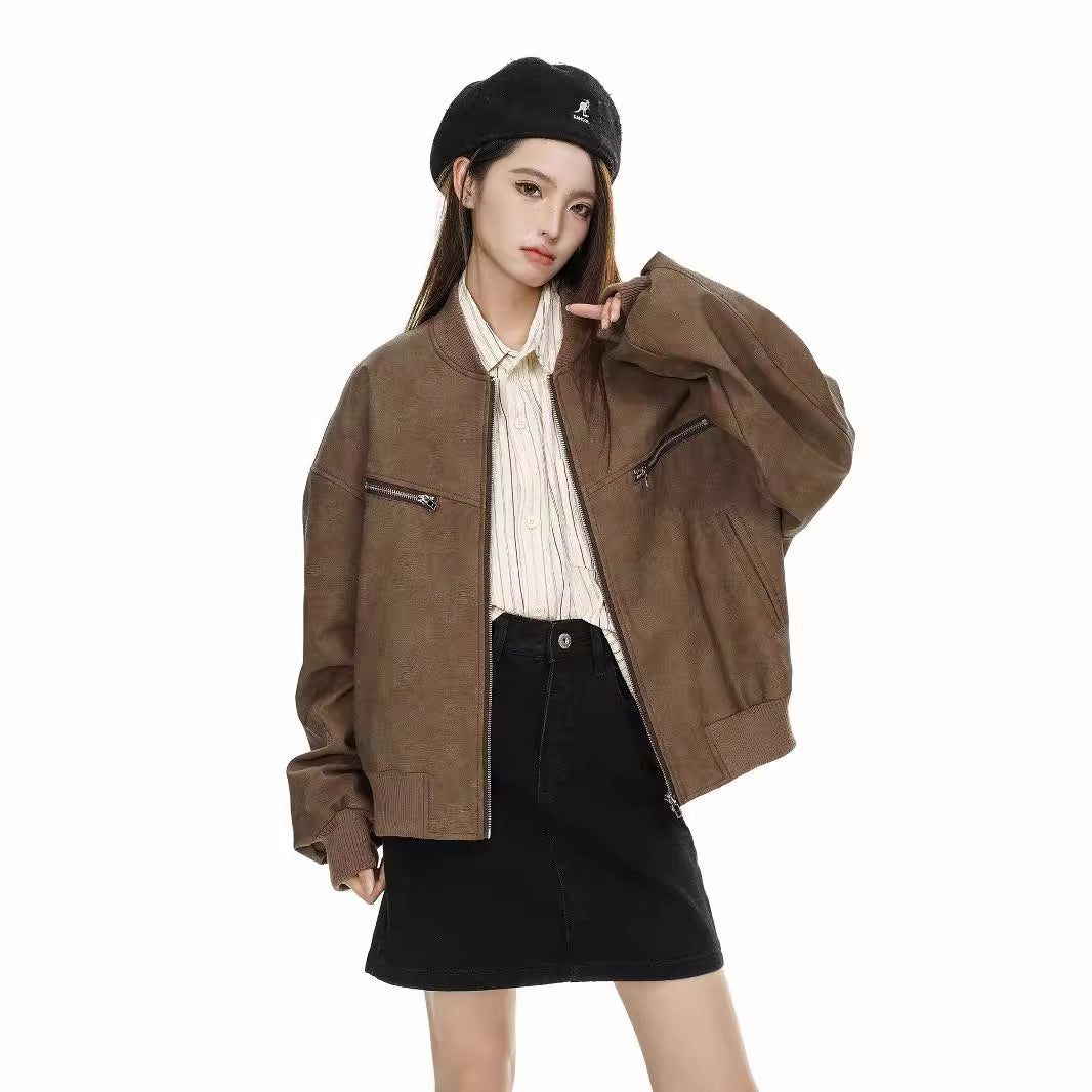 Women's Fashion Casual Imitation Leather Jacket Coat