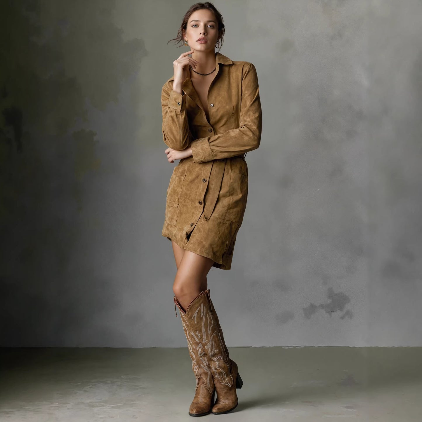 Retro-style Notched-collar Waist-cinching Midi Dress