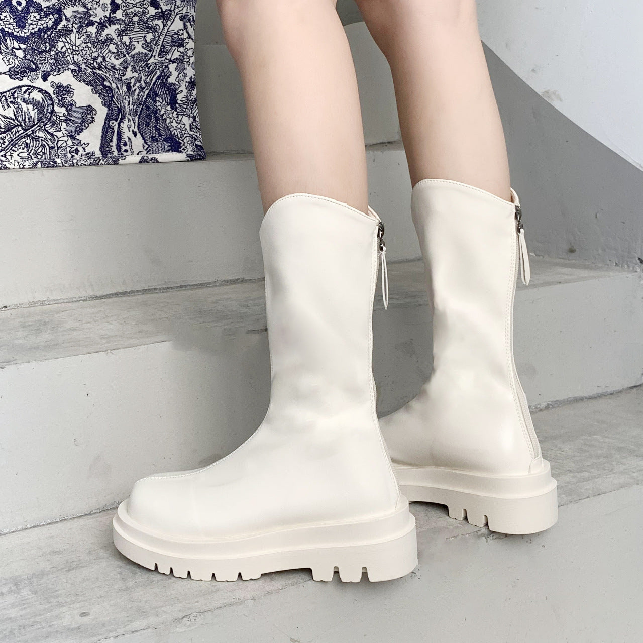 Simple Thick-soled Mid-tube Leather Women's Boots