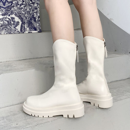 Simple Thick-soled Mid-tube Leather Women's Boots