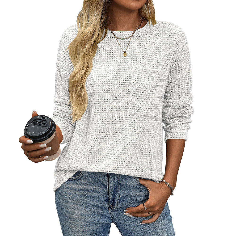 Women's Waffle Round Neck Pocket Loose T-shirt