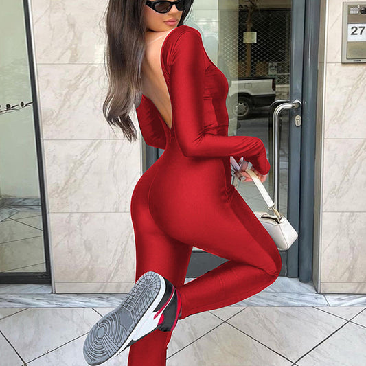 Women's Big U-neck Long-sleeved Slim-fit Sheath Jumpsuit