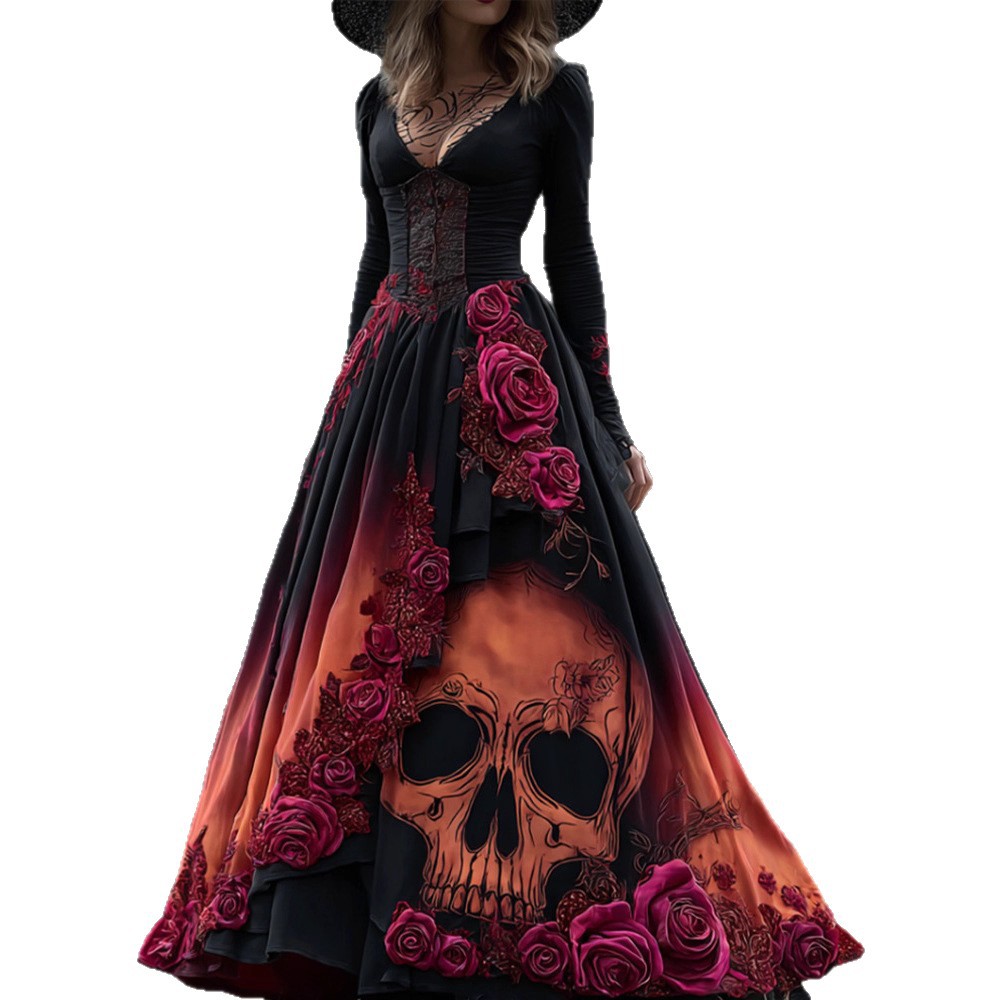 Fitted Waist Color-Block Long-Sleeve Dress