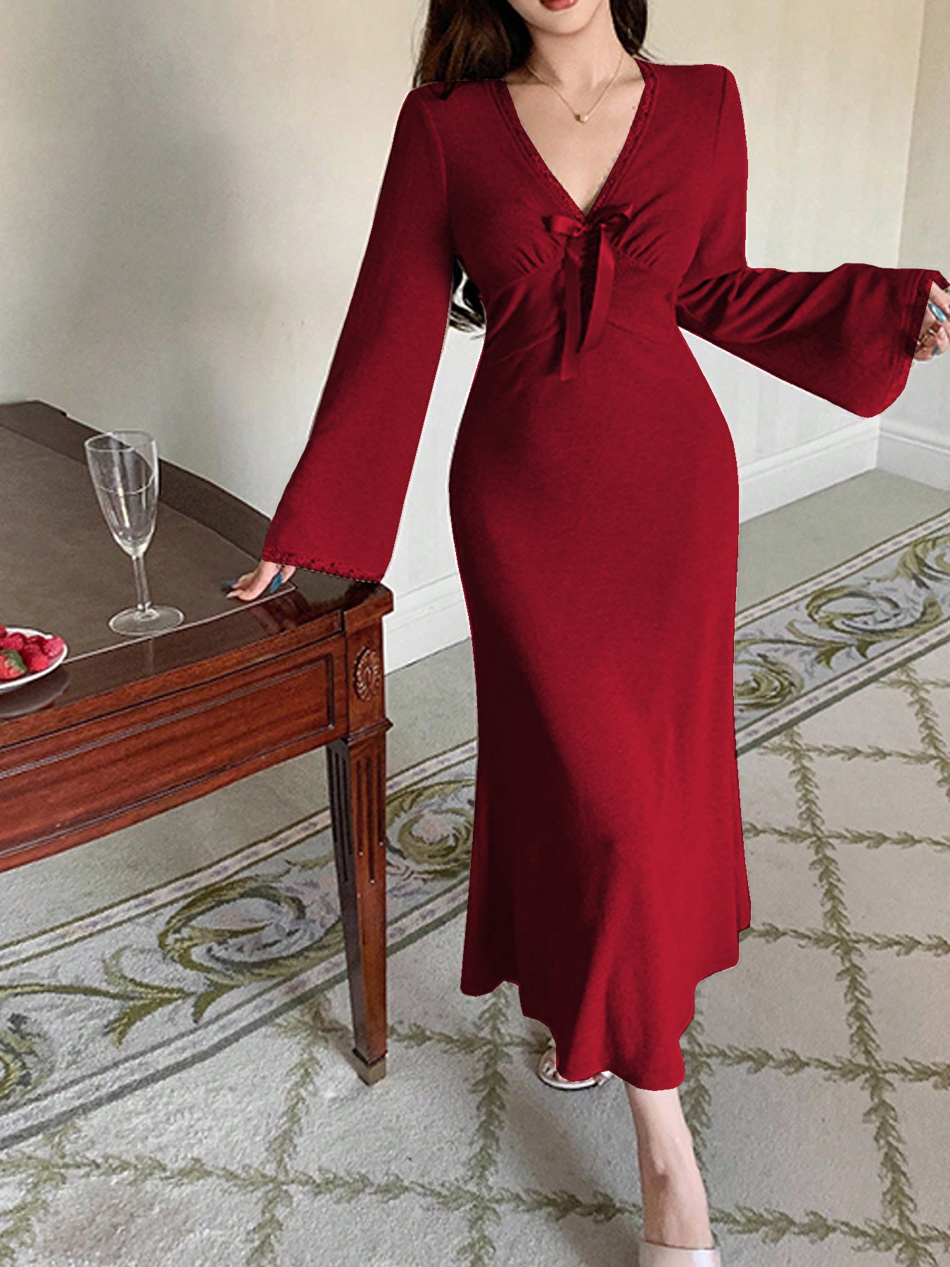 Womens AutumnWinter V-Neck Dress With French Lace Trim