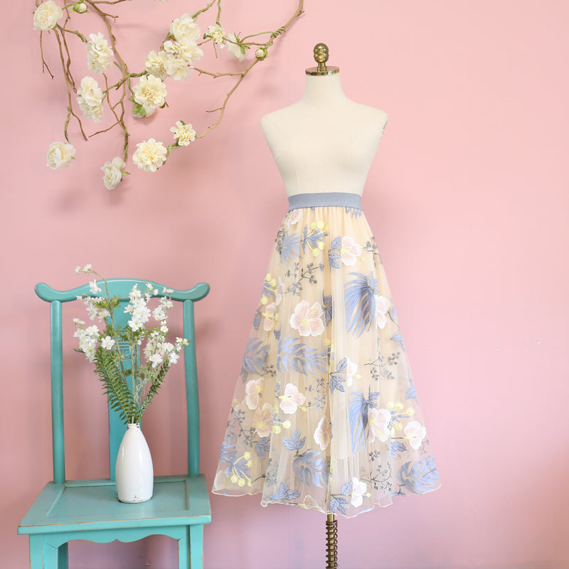New Mesh Floral High Waisted Elastic Skirt