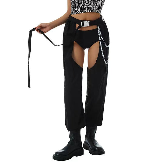 Women's Casual Leg Belt And Chain Work Trousers