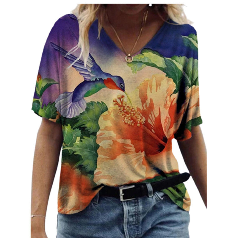 Butterfly Print Short Sleeve V-neck Ladies Loose