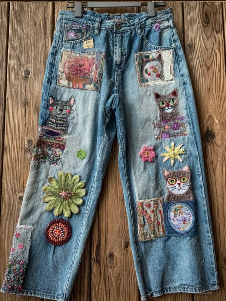 New 3D Heat-transfer Printed Flared Jeans-style Trousers In Faux Denim