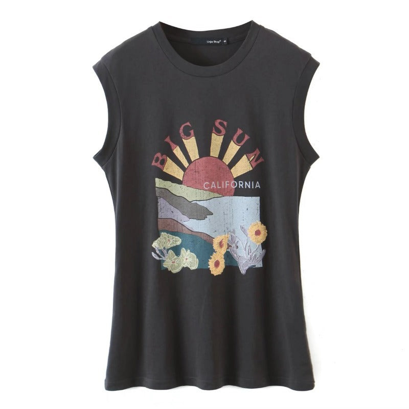 Spring New Women's Sun Flower Print Sleeveless T-Shirt