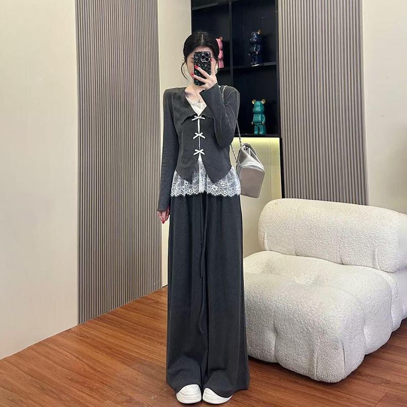 Temperament Lace Cardigan Top Slimming Wide-leg Pants Two-piece Set