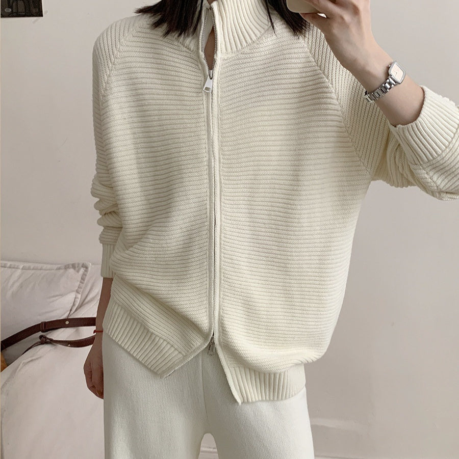 Fashionable Knitted Cotton Suit Zipper Cardigan Casual Trousers