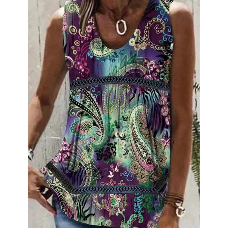 Womens Printed Patchwork Sleeveless T-Shirt Vest