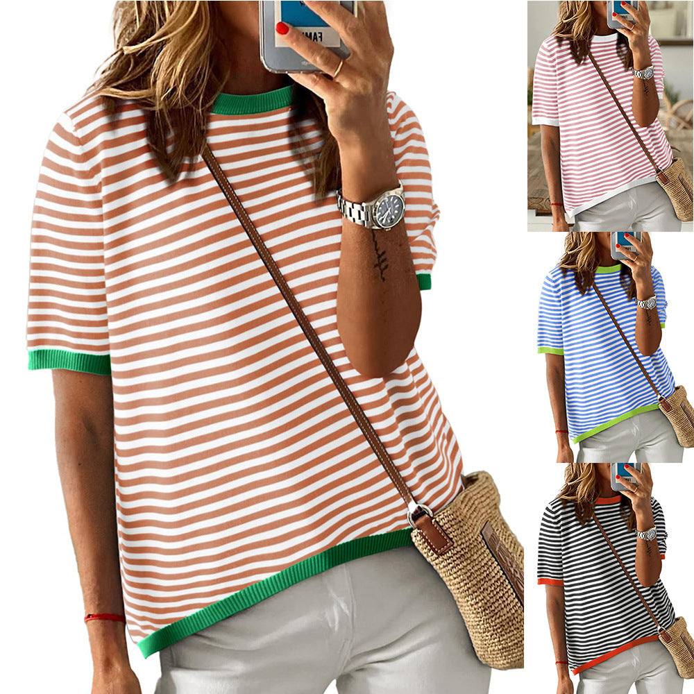 Women's Round Neck Striped Contrast Color Short Sleeve Casual