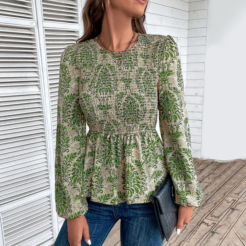 Dame Top Smock Detalje Slim Fit Rund Hals Lange Ærmer Printet