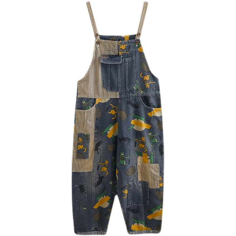 Women's Loose Plus Size Cartoon Print Denim Overalls