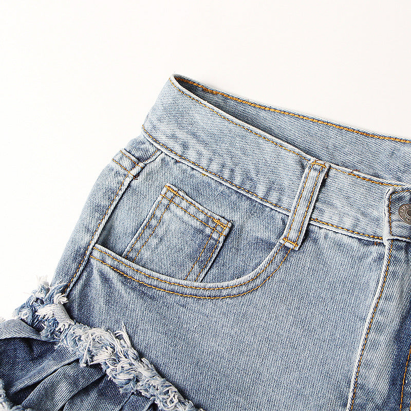 New Fashion Temperament Sexy One Buckle Fringed Ears High Waist Denim Shorts Women