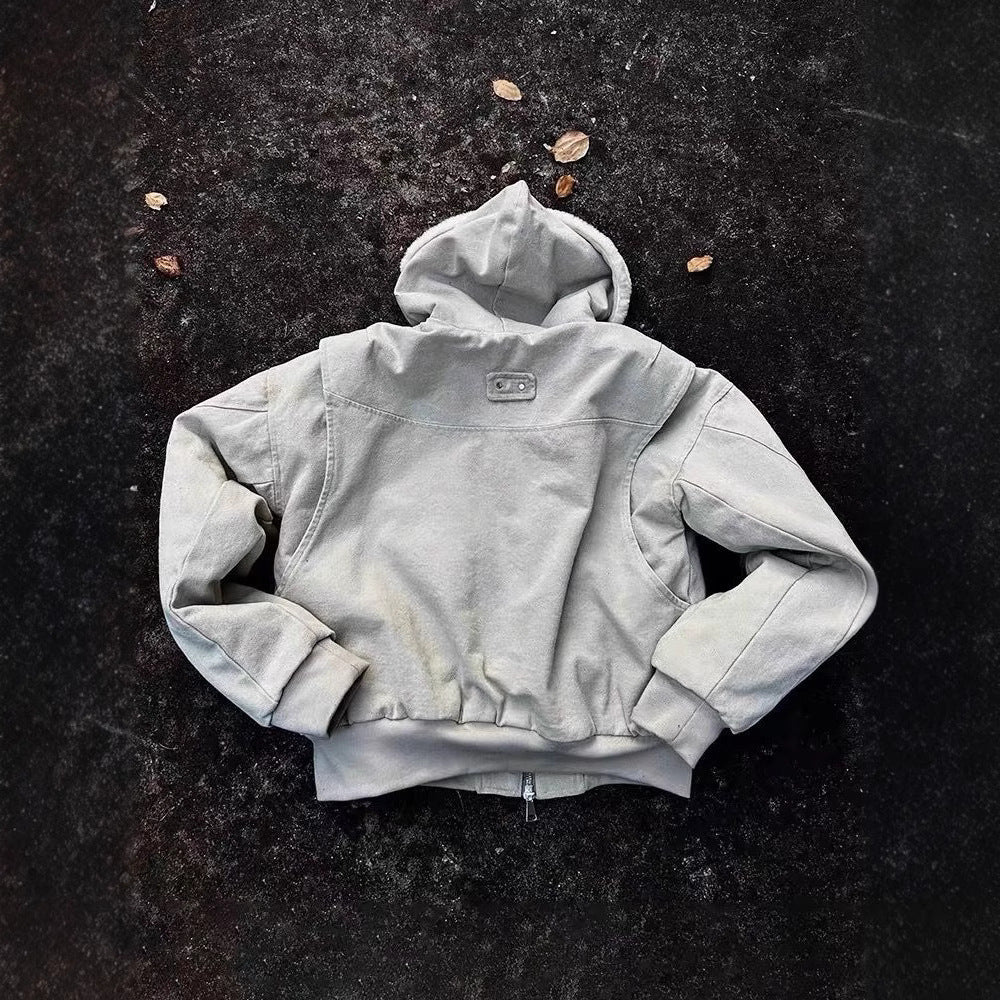 Mountain Carving Artificial Mink Fur Thick Hooded Jacket Heavy Canvas Washed