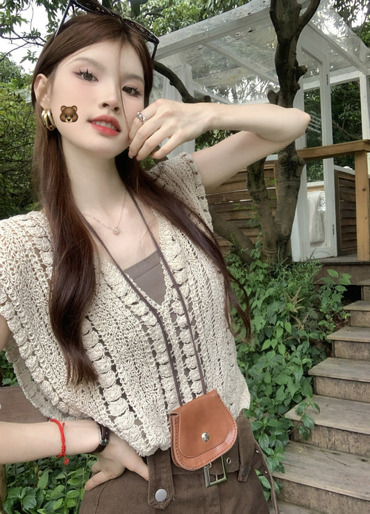 Hollow-out Crocheted Sleeveless Outerwear Bandage Dress Knitwear