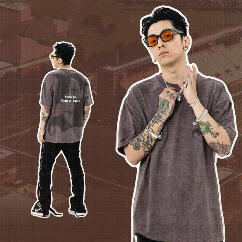 American Retro Virtual Shadow Letter Printed Suede Short Sleeve
