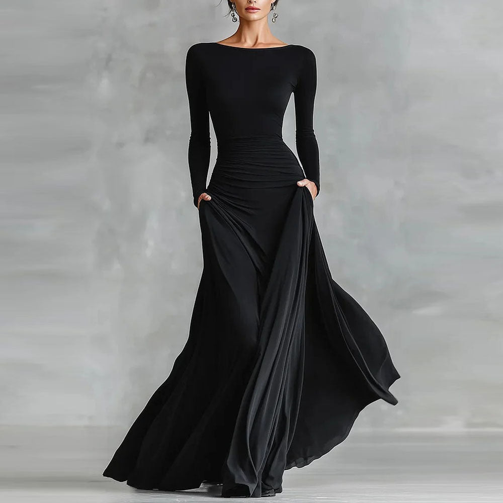 Womens Solid-Color Elegant Waist-Cinching Dress