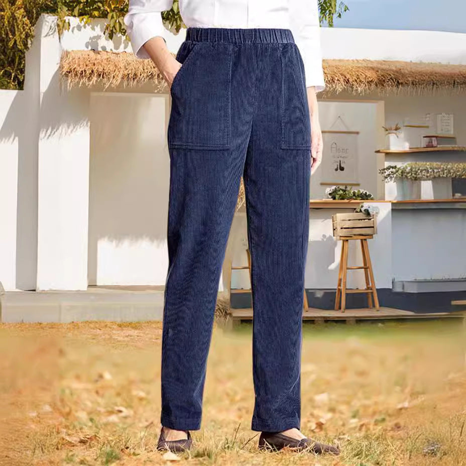 Women's Pure Color Elastic Waist Striped Straight Casual Pants
