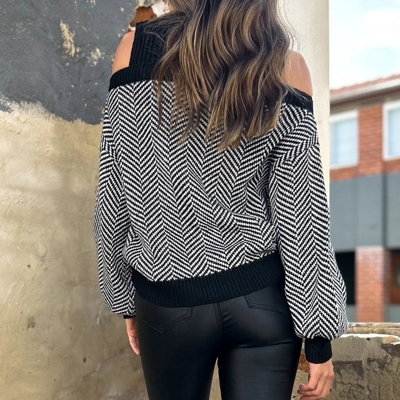 Stribet off-shoulder striktrøje til kvinder med mellemhøj krave