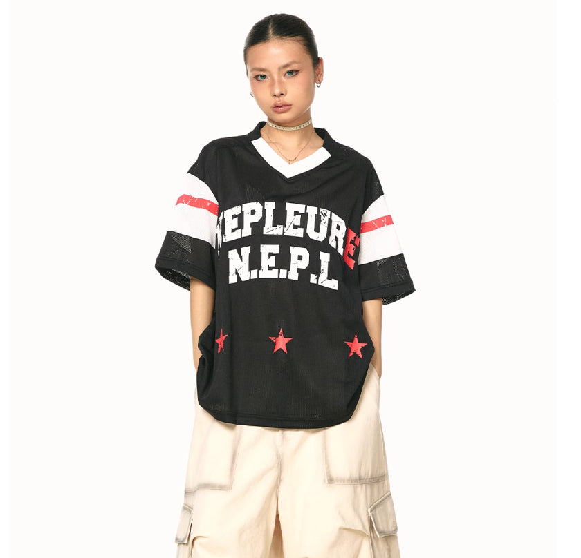 American Retro Patchwork V-neck Short Sleeve