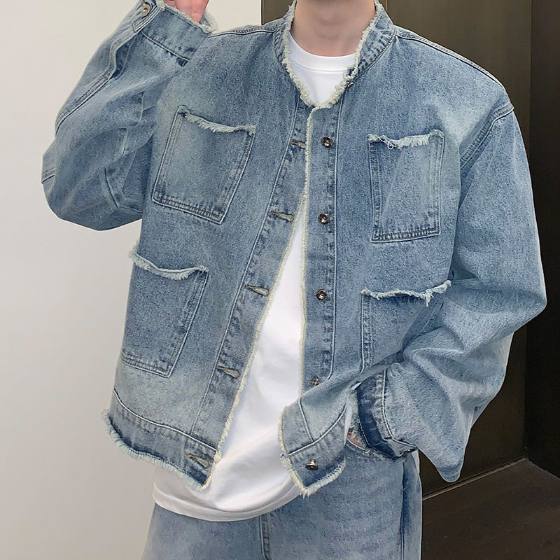 Men's Retro Washed Distressed Frayed Hem Denim Jacket
