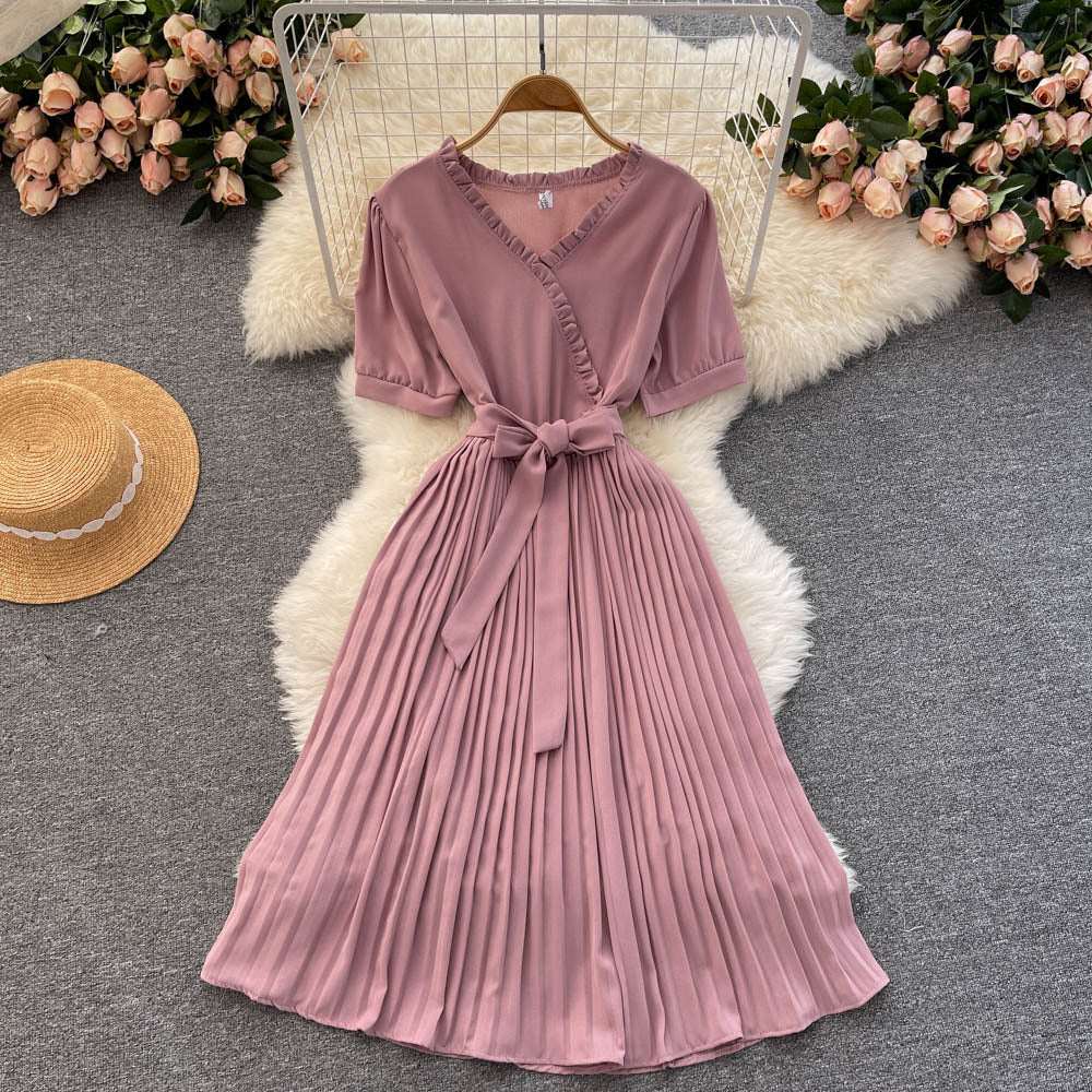 Fashionable Waist-cinching Tie-front Slimming Solid-color Minimalist Dress