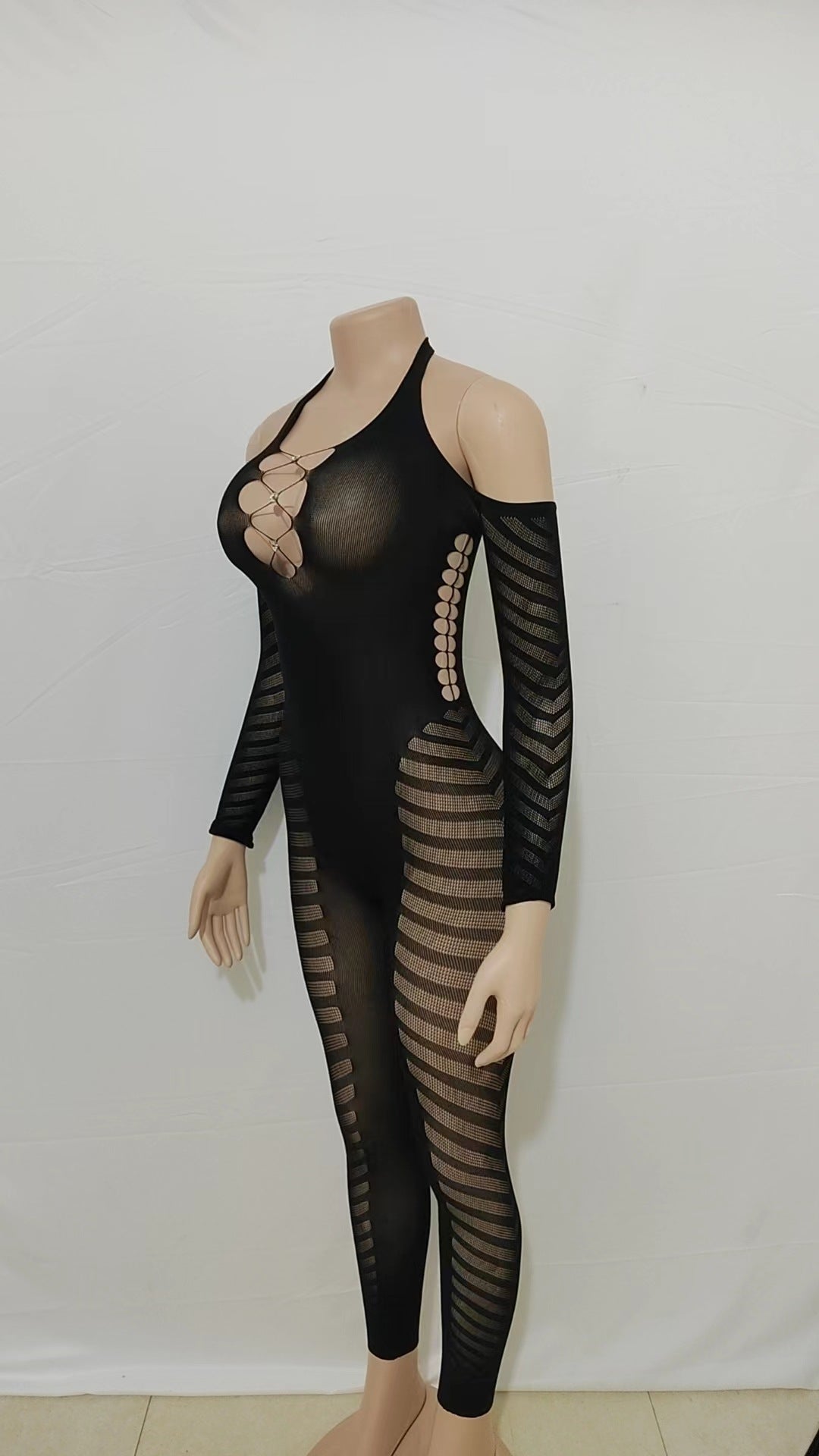 Autumn Women's Pure Color Halter Sleeve Hollow Out See-through Backless Tight Jumpsuit