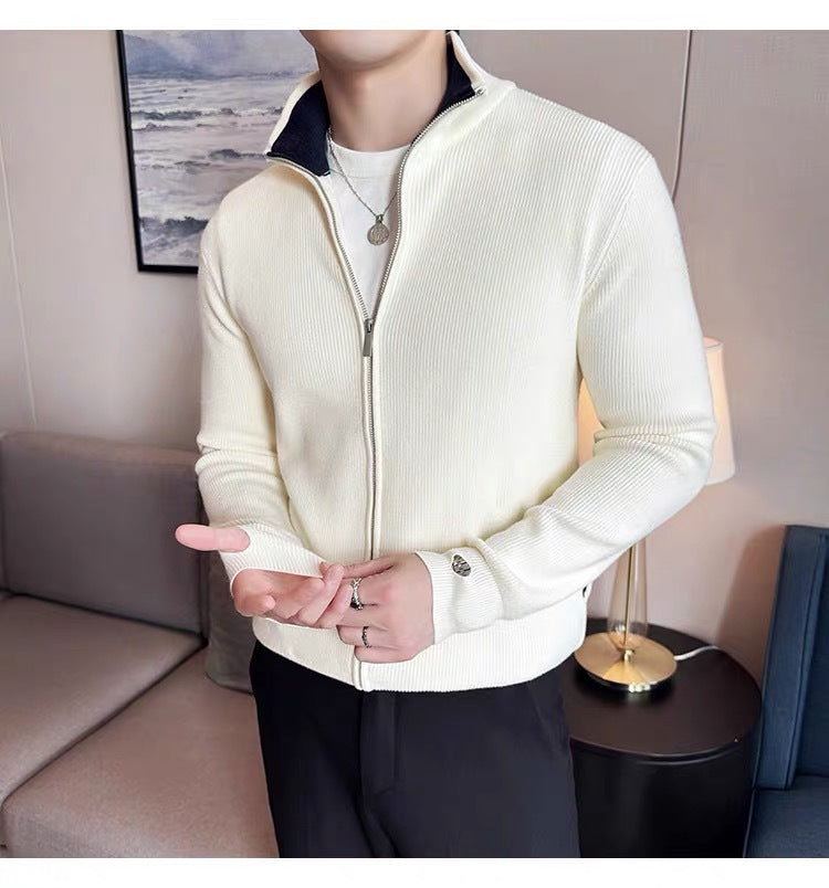 Cardigan Striped Thick Knitwear Autumn Winter Trend Slim Stand Collar Coat
