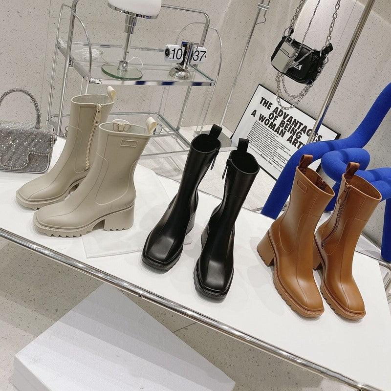 Fashion Square Toe Solid Color All-match Zipper To Increase The Tide Of Thick-soled Mid-tube Rain Boots