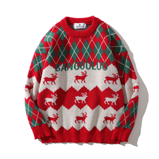 Long Sleeve Rhombus Plaid Deer Knitted Sweater