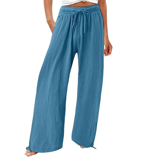 Women'S Cotton & Linen Solid Color Wide Leg Casual Pants With Pockets