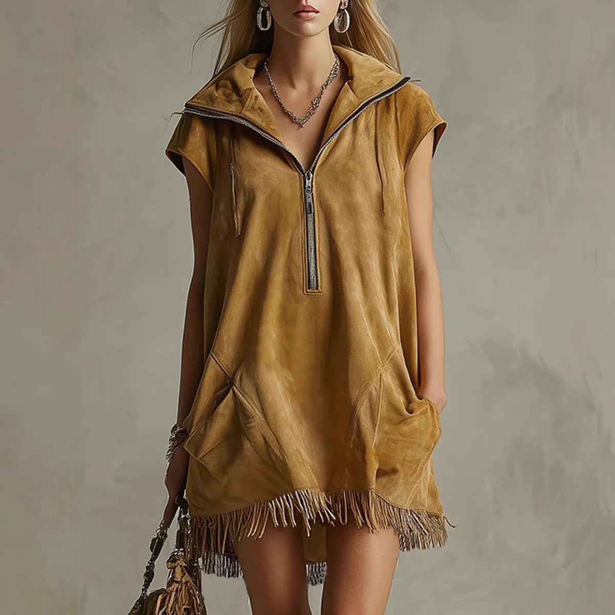 Casual Western-style Zippered Collar Tasseled Suede Dress