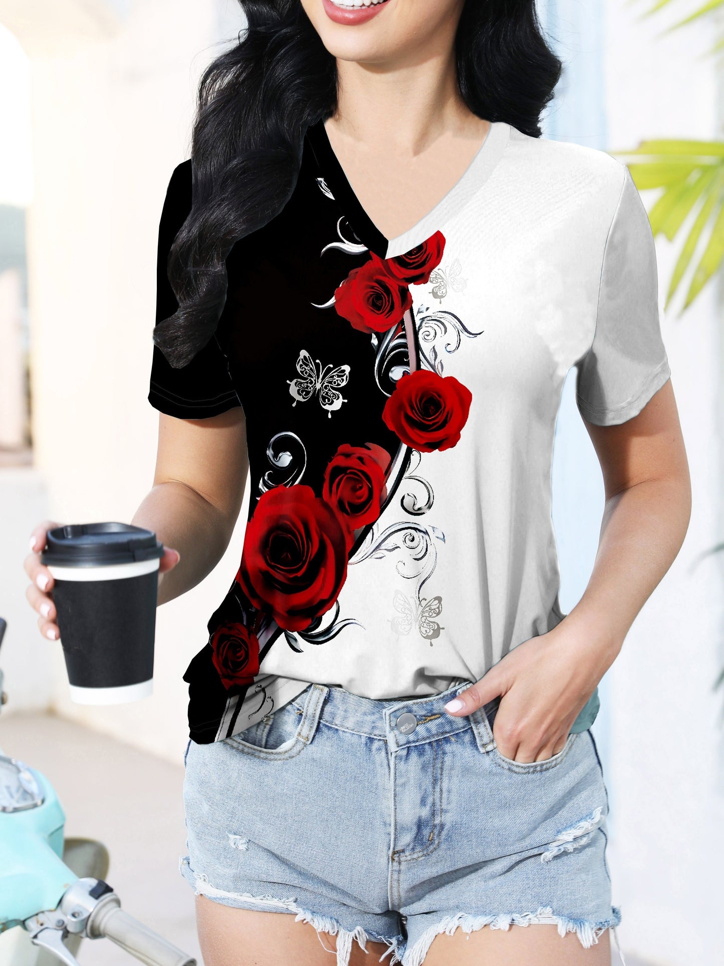 Elegant V-neck Rose Butterfly Printed Short Sleeved T-shirt