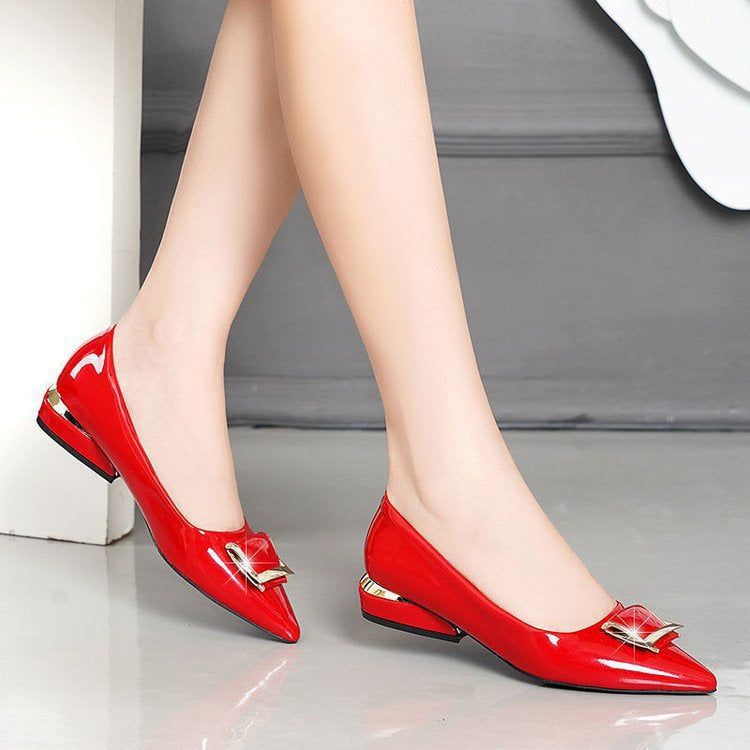 Womens Mid-heel Chunky-heel Soft-soled Low-cut Soft-leather Pumps