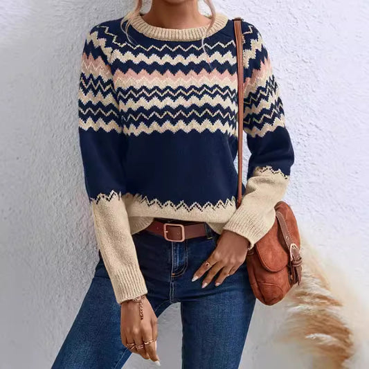 European And American Women's Clothing Sweater Fashion Round Neck Knitted Top Classic Striped Color Matching