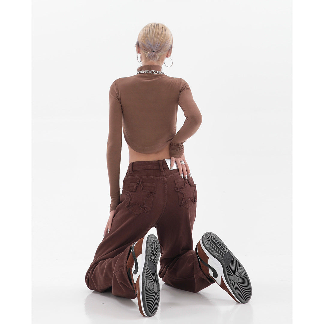 Coffee Color Design Sense Straight High Street Pants Trend