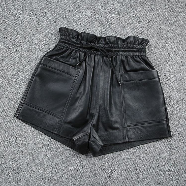 Drawstring Pocket Casual Leather Sheepskin Shorts
