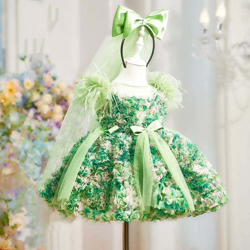 Green Fairy Princess Dress For Kids Ultra-Fairy Puff-Sleeve Birthday Party Tutu Gown