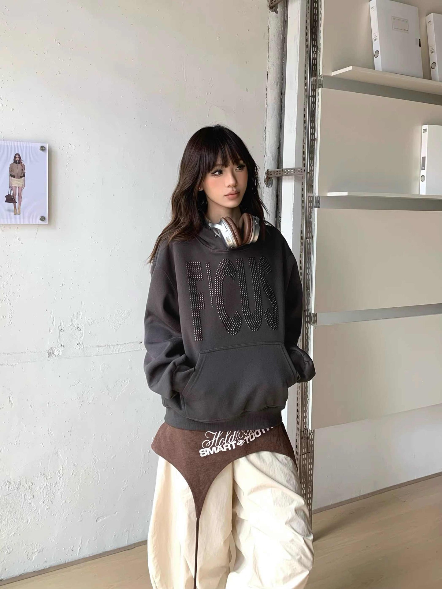 Par Rhinestone Letter Hooded Kort Sweater