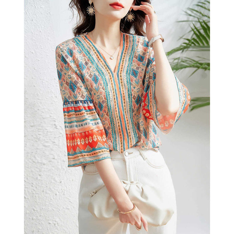 V-neck Loose Flare Three-quarter Sleeve Blouse Women's Top