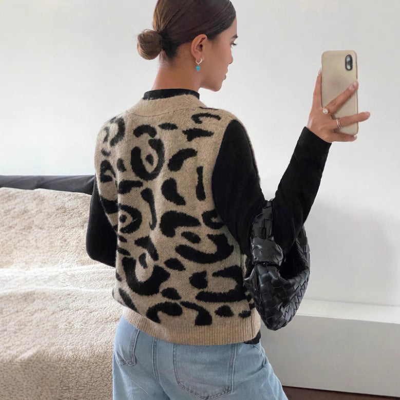 Leopard Print V-neck Knitted Cardigan Sweater Coat For Women