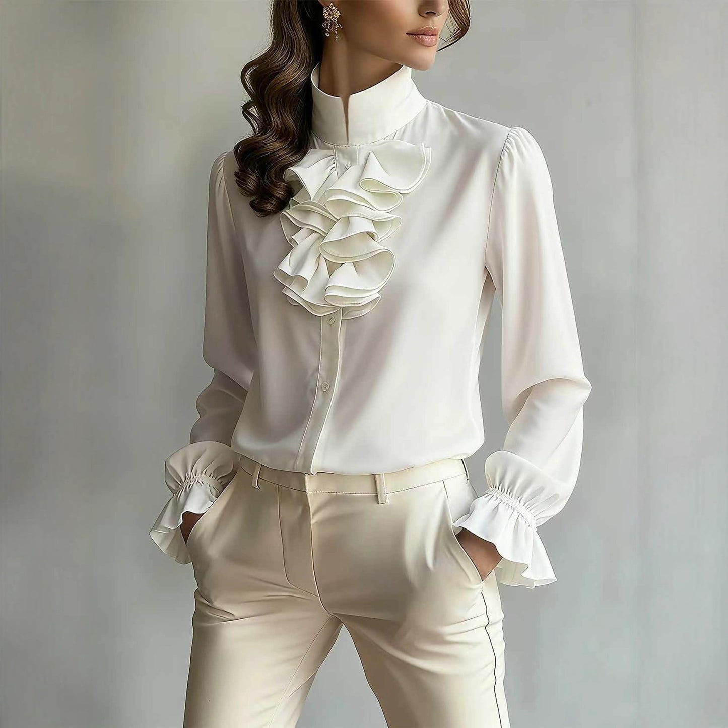 Casual Loose-neck Plain-colored Ruffled Collar Shirt