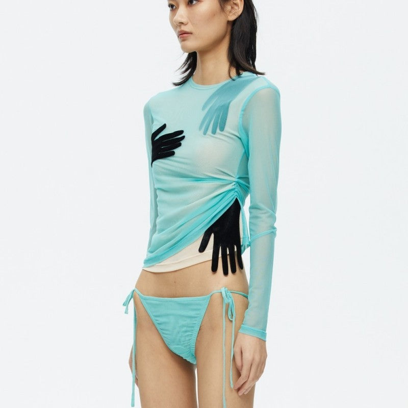Mesh-panel Long-sleeve Sheer Cropped Top