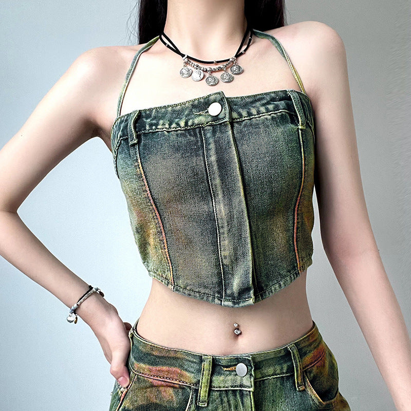 Hot Girl Washed And Worn Zip Tube Denim Vest Top