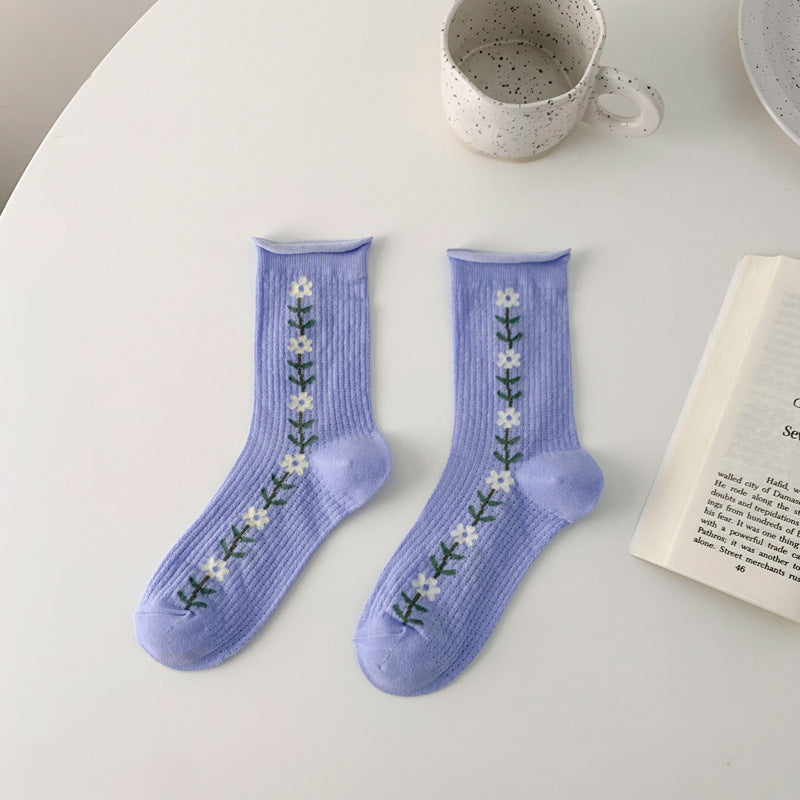 Thin Hollow Mesh Rolled Edge Women's Socks With Small Flowers